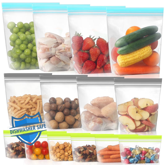 14 Pack Dishwasher Safe Stand-Up Reusable Food Storage Bags, Leakproof Reusable Freezer Bags,Silicone Reusable Sandwich Bags
