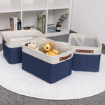 Large Storage Baskets for Shelves(3 Pack) Fabric Toy Basket with Leather Handles, Decorative Foldable Storage Baskets (White&Blue,15" X 11" X 9.5")