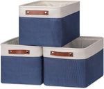 Large Storage Baskets for Shelves(3 Pack) Fabric Toy Basket with Leather Handles, Decorative Foldable Storage Baskets (White&Blue,15" X 11" X 9.5")