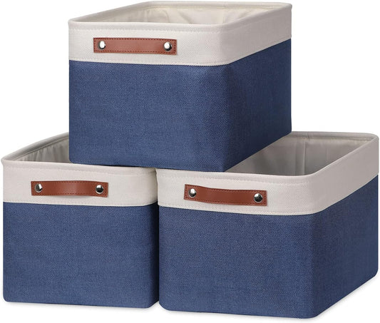 Large Storage Baskets for Shelves(3 Pack) Fabric Toy Basket with Leather Handles, Decorative Foldable Storage Baskets (White&Blue,15" X 11" X 9.5")
