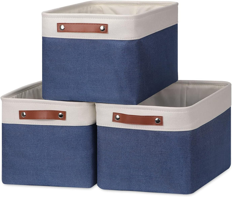 Large Storage Baskets for Shelves(3 Pack) Fabric Toy Basket with Leather Handles, Decorative Foldable Storage Baskets (White&Blue,15" X 11" X 9.5")