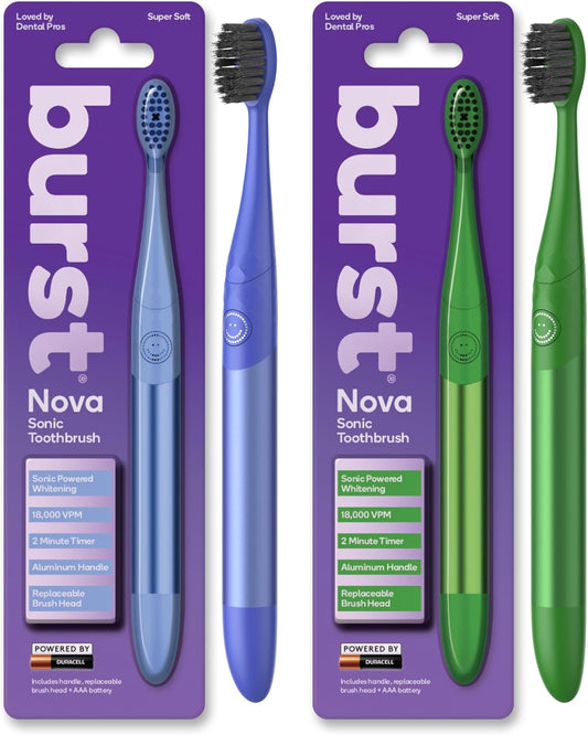 Nova Toothbrush (2 Pack/Blue & Green) | Sonic Powered Teeth Whitening | Super-Soft Bristles | 18000 VPM | 2 Minute Timer | Aluminum Handle | Replaceable Brush Head | Compact Size | AAA Battery