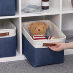 Large Storage Baskets for Shelves(3 Pack) Fabric Toy Basket with Leather Handles, Decorative Foldable Storage Baskets (White&Blue,15" X 11" X 9.5")