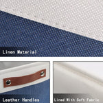 Large Storage Baskets for Shelves(3 Pack) Fabric Toy Basket with Leather Handles, Decorative Foldable Storage Baskets (White&Blue,15" X 11" X 9.5")