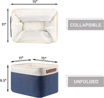 Large Storage Baskets for Shelves(3 Pack) Fabric Toy Basket with Leather Handles, Decorative Foldable Storage Baskets (White&Blue,15" X 11" X 9.5")